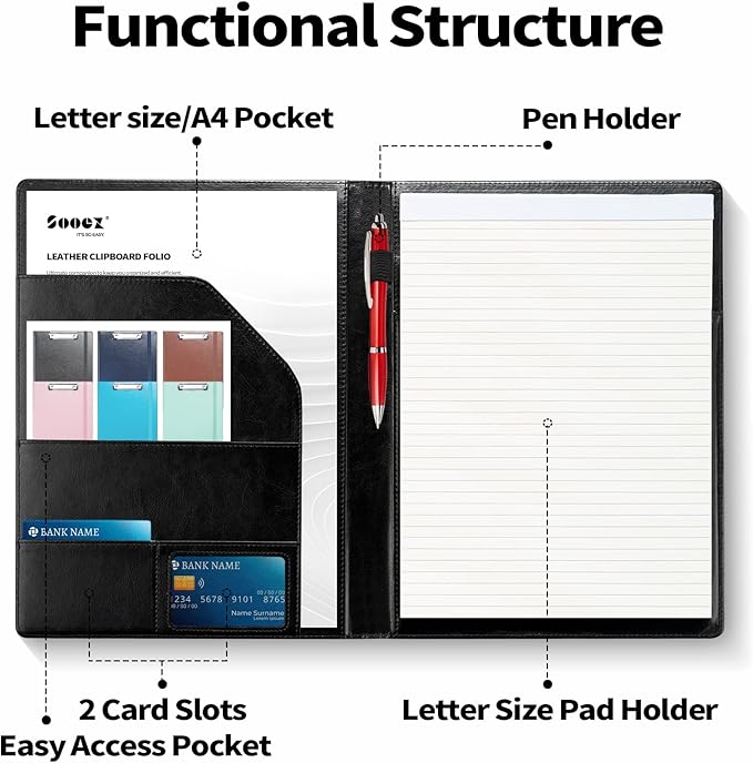 Sooez Premium PU Leather Padfolio Clipboard with Notepad, Letter Size, Black