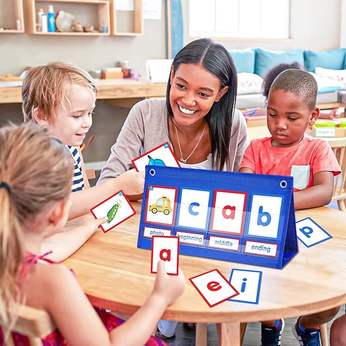 CVC Word Building Desktop Pocket Chart with 108 Phonics Flash Cards for Early Reading & Spelling | Alphabet Learning Tools for Preschool, Kindergarten, and Homeschooling