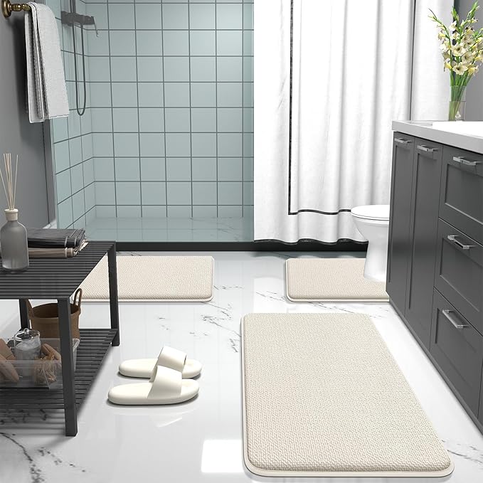 OLANLY Thick Memory Foam Bath Mat Rug 34x21, Extra Soft Absorbent Bathroom Rug, Quick Dry Bath Mats, Non-Slip, Machine Washable Carpet for Bathroom, Tub and Shower, Home Decor Accessories, Ivory