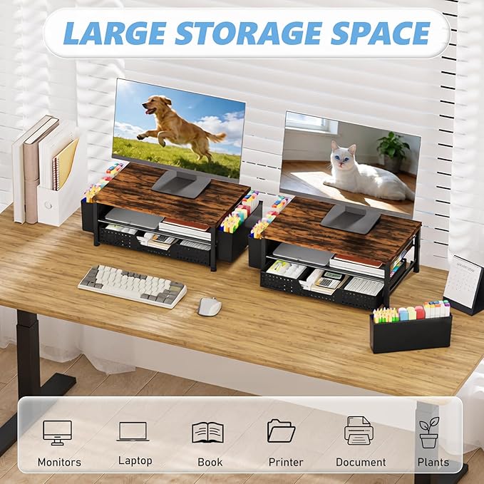 OPNICE Wood Desk Organizers and Accessories, 2-Tier Computer Monitor Stand Riser with Drawer and 2 Pen Holders, Laptop Stand, Office Desk Accessories for Office Supplies, Brown