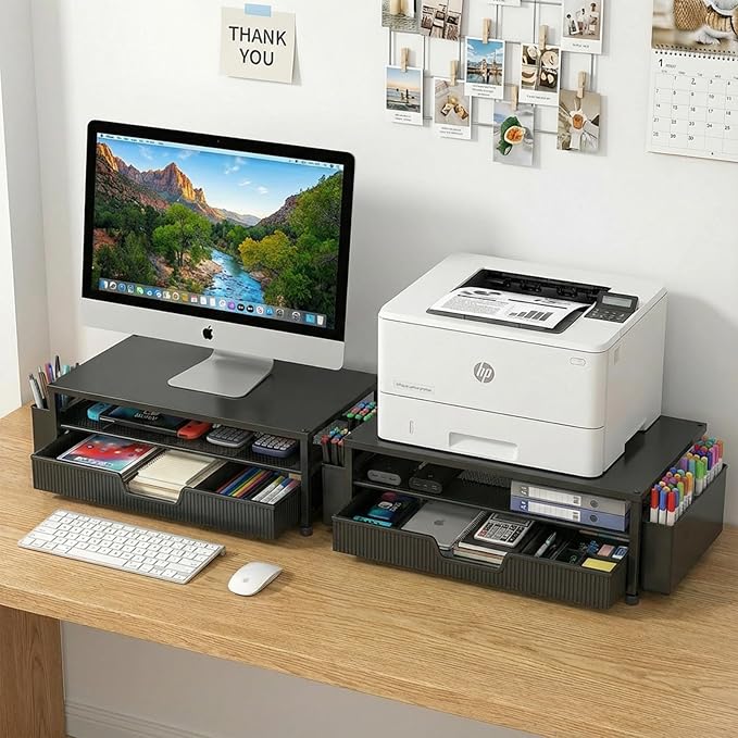 Desk Organizer and Accessories, 2-Tier Computer Monitor Stand Rise with Storage Drawer & 2 Pen Holders, Laptop & Printer Stand for Desktop, Workspace Organizers for Office Supplies (Black)