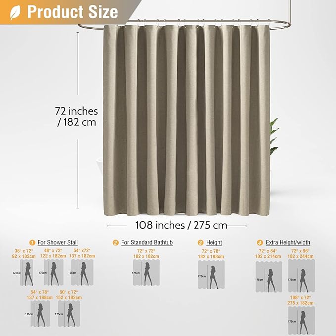 BTTN Extra Wide Shower Curtain - 108 x 72 Inch Linen Textured Waterproof Fabric Shower Curtain Set with 18 Plastic Hooks, Large Modern Farmhouse Cloth Bathtub Shower Curtains for Bathroom - Khaki/Tan