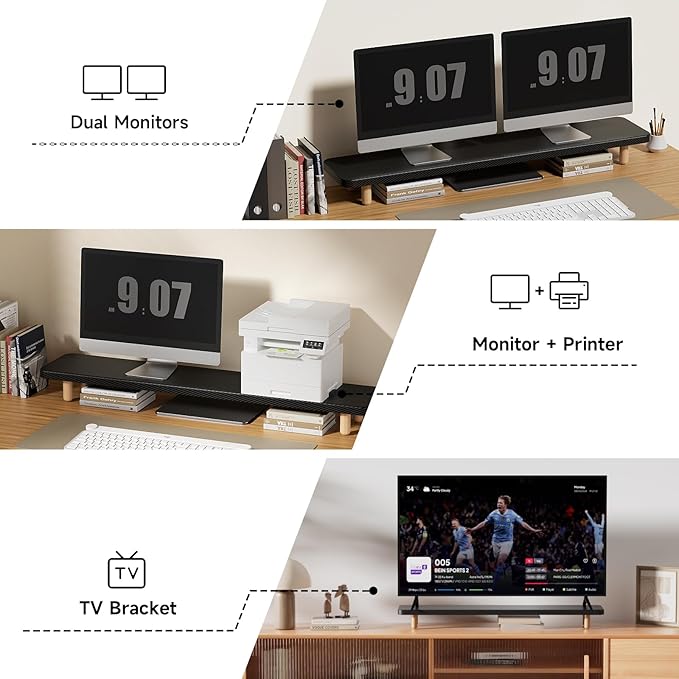 Dual Monitor Stand Riser, 39 Inch Extra Long Wooden Desktop Monitor Riser with Storage for 2 Monitors Ultra Strong Desk Shelf Organizer Riser Ergonomic for 2 Screens/Laptop/PC/TV/Printer, Large, Black
