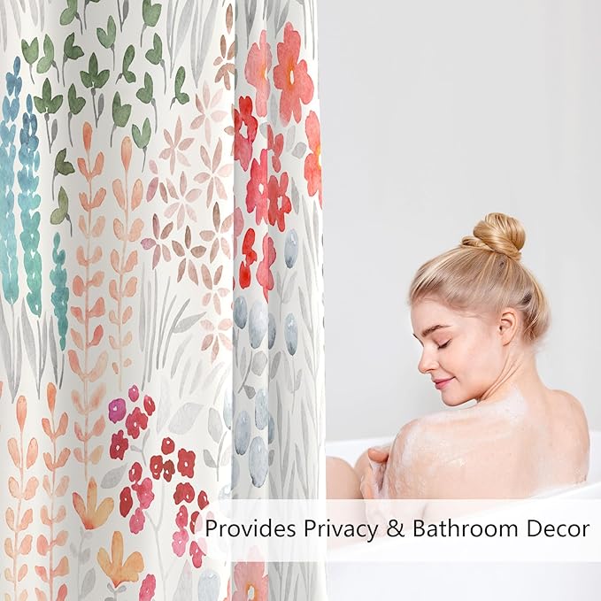 Extra Long Shower Curtain 72 x 84 Inch, Tall Cute Floral Shower Curtain for Bathroom, Retro Red Teal Wildflower Boho Cottagecore Fabric Shower Curtain Set with Hooks