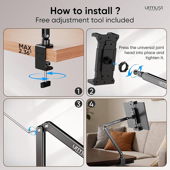Urmust Portable Monitor Stand 15.6", iPad Stand for Desk, Portable Monitor Holder up to 18.5", Adjustable Desktop Tablet Arm Mount, Apple iPad Holder for Desk, for 4.7"-12.9" iPad Pro/Air/Mini