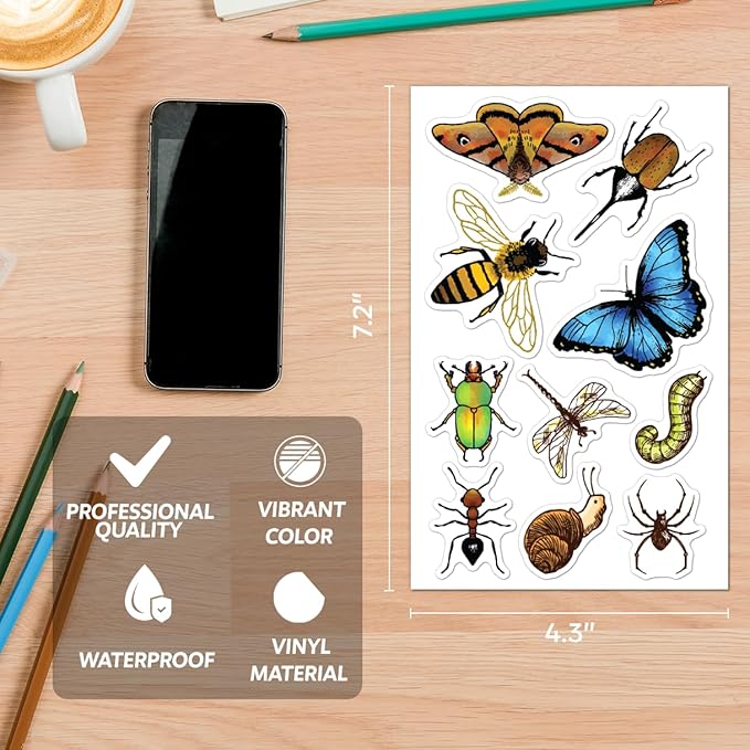 Realistic Insect Butterfly Bug Stickers Pack 50Pcs Vinyl Decals for Water Bottles Laptops Notebooks Scrapbooking Educational Nature Themed Kids Students Teachers