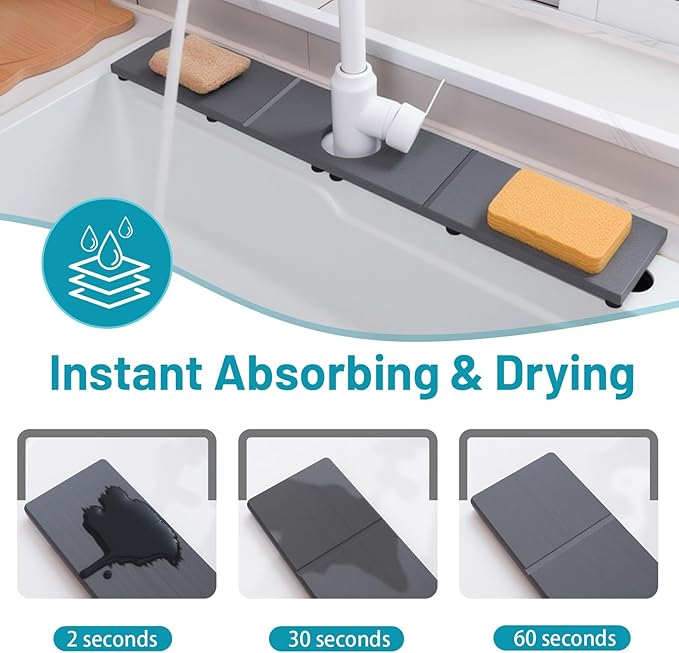 Fast Drying Faucet Mat for Kitchen Sink, Water Absorbent Diatomite Stone Sink Tray with Raised Feet, Kitchen Sink Splash Guard, Prevents Moisture Buildup, Durable Protector for Bathroom Counter