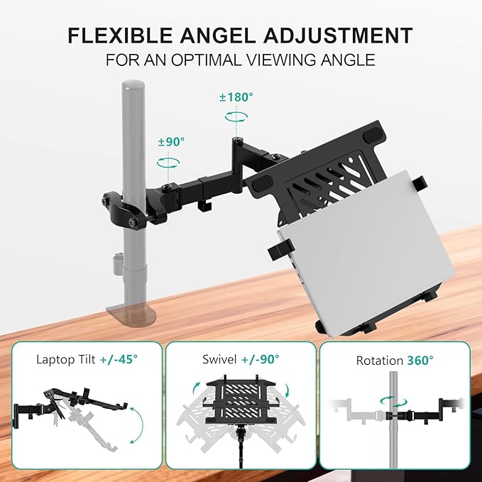 WALI Laptop Pole Mount, Adjustable Laptop Arm Holder Fits 10"-15.6" Laptops, 2-in-1 Full Motion Monitor Mount with Removable Tray, VESA 75x75 or 100x100 mm, Holds up to 15.4lbs(011ARMLPN), Black