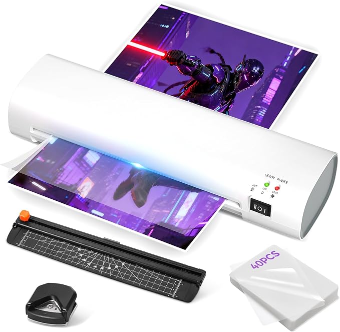A4 Thermal Laminator with Trimmer & Corner Rounder, 9 Inch Portable Laminator Machine for Home, Office, School, Business, Anti-Jam Tech & 40 Sheets Included