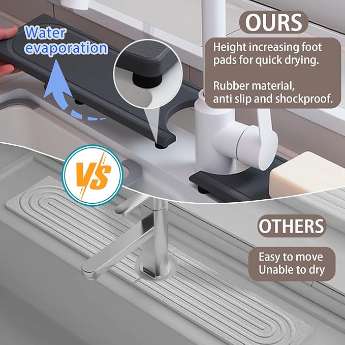 Fast Drying Faucet Mat for Kitchen Sink, Water Absorbent Diatomite Stone Sink Tray with Raised Feet, Kitchen Sink Splash Guard, Prevents Moisture Buildup, Durable Protector for Bathroom Counter