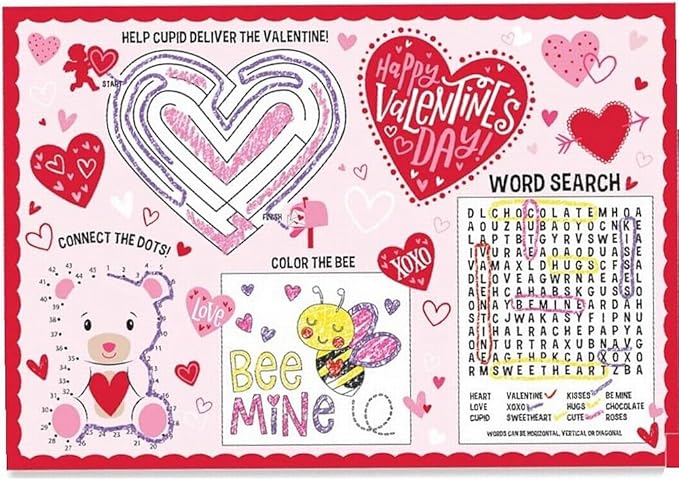 Amscan Multicolor Kids Activity Paper Placemats (16" x 11") Pack of 24 - Fun & Engaging Valentine's Day Mealtime Crafts for Children