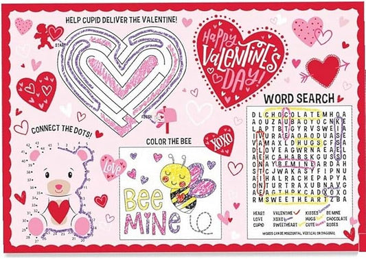 Amscan Multicolor Kids Activity Paper Placemats (16" x 11") Pack of 24 - Fun & Engaging Valentine's Day Mealtime Crafts for Children