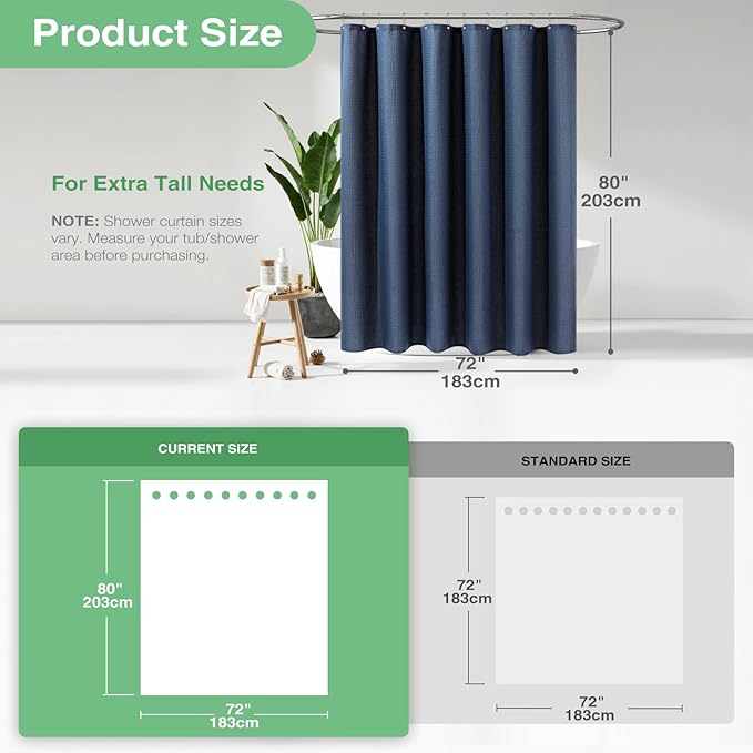 Dynamene Long Fabric Shower Curtain - Waffle Textured Tall Heavy Duty Cloth Shower Curtains for Bathroom, 256GSM Large Hotel Spa Luxury Bath Curtain Set with 12 Plastic Hooks(72Wx80H, Navy Blue)