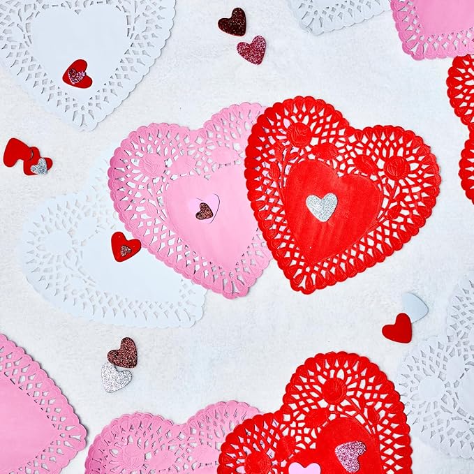 JOYIN 102 PCS Valentines Day Glitter and Foam Heart Doilies, Tableware Decoration, Home Activitie, Red White Pink Heart Doilies, Kitchen Disposable Table Crafts