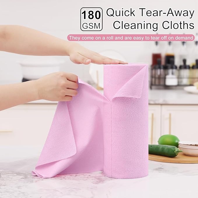 Homaxy Tear Away Dish Cloths Rolls, 40 Sheets-11.8" X 11.8", Reusable Washable Dish Towels for Kitchen, Ultra Absorbent and Quick Drying Microfiber Cleaning Rags, Pink