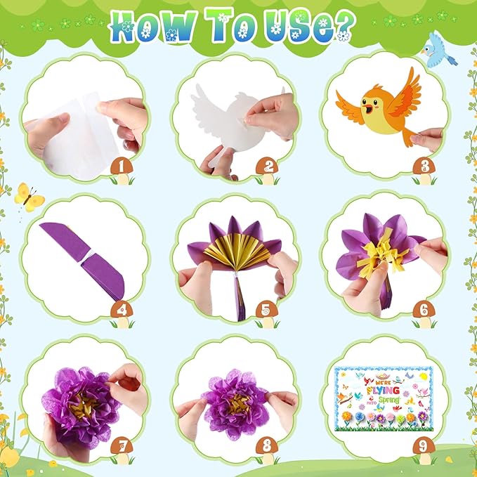 Blosssound 82 Pcs We're Flying into Spring Bulletin Board Set Spring Floral Bird Cutouts with 3D Tissue Paper Pompoms Colorful Bird Classroom Decorations for School Home Decor Supplies