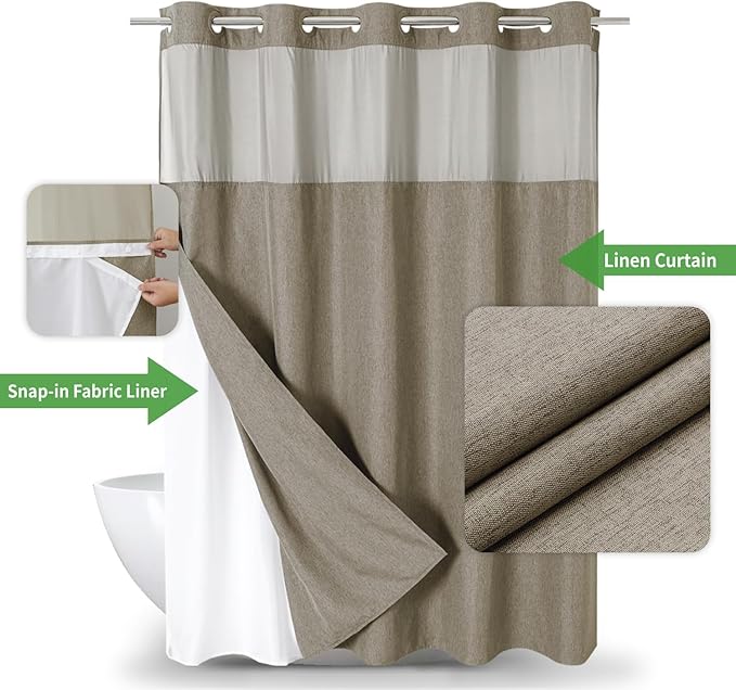 Extra Long No Hooks Needed Linen Textured Shower Curtain with Snap-in Fabric Liner Set,Hotel Luxury Decor Shower Curtains for Bathroom,Waterproof & Washable,71Wx86H,Khaki/Tan