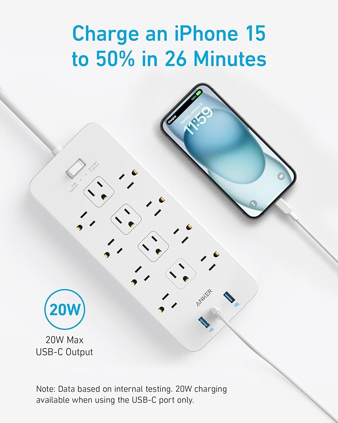 Anker Power Strip with 2100J Surge Protector, Outlet Extender, 5ft Extension Cord with Multiple Outlets, 12 AC, 2 USB A,1 USB C Port for 20W, Home Office, Dorm Room Essentials, TUV Listed