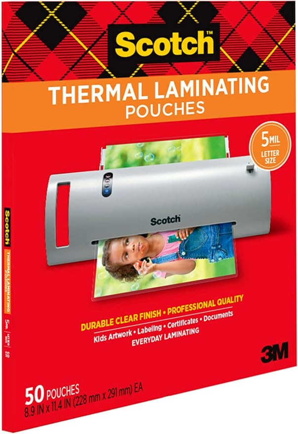 Scotch Thermal Laminating Pouches Premium Quality, 5 Mil Thick for Extra Protection, 50 Pack Letter Size Laminating Sheets, Our Most Durable Lamination Pouch, 8.9 x 11.4 inches, Clear
