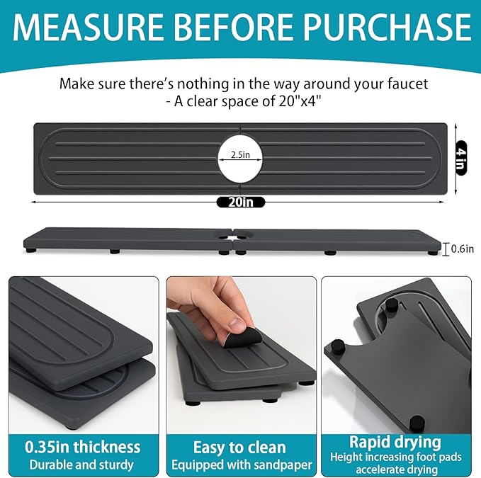 Fast Drying Stone Faucet Mat for Kitchen Sink with Raised Feet, Water Absorbent Diatomite Stone Sink Tray, Faucet Sink Splash Guard, Prevents Moisture Buildup, Durable Protector for Bathroom Counter