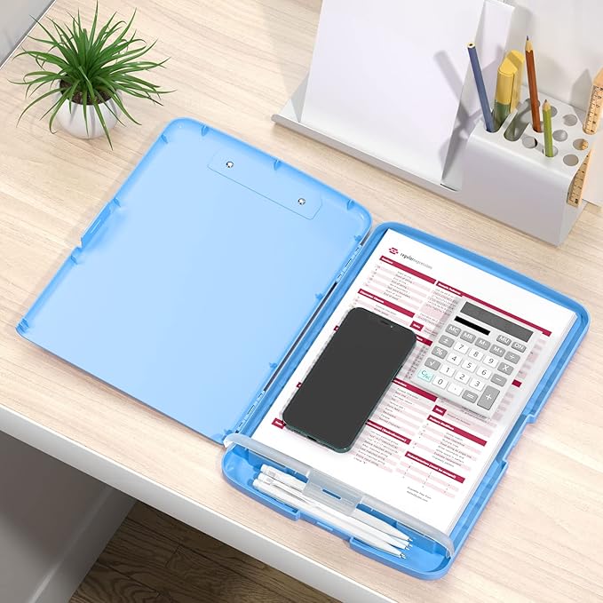 Rimilak Plastic Clipboard with Storage, 8.5 x 11 High Capacity Folio Nursing Case with Pen Holder, Size 14.2 x 9.6 x 1.2″ Folder Side-Opening for Classroom, Teacher, Student, Smooth Writing, Blue