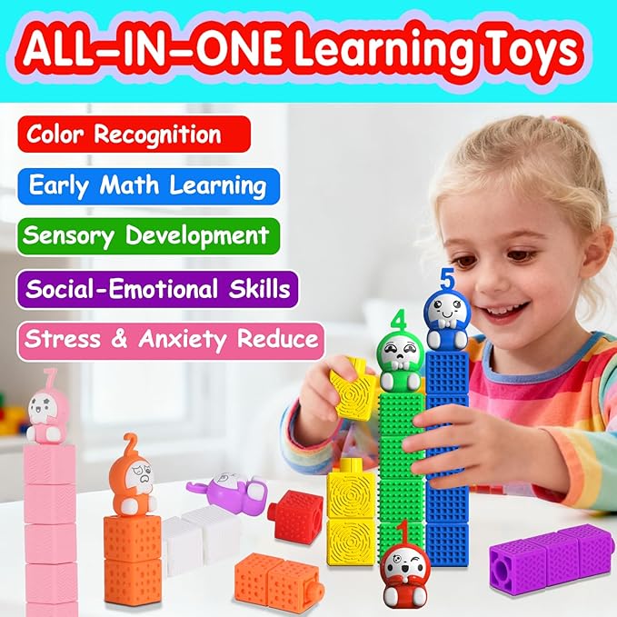 65PCS Sensory Stacking Cubes for Toddlers | Textured Soft Counting Cubes for Color & Number Learning | Squeezable Montessori Educational Building Toys, Preschool Learning Activities for Kids Ages 2-5