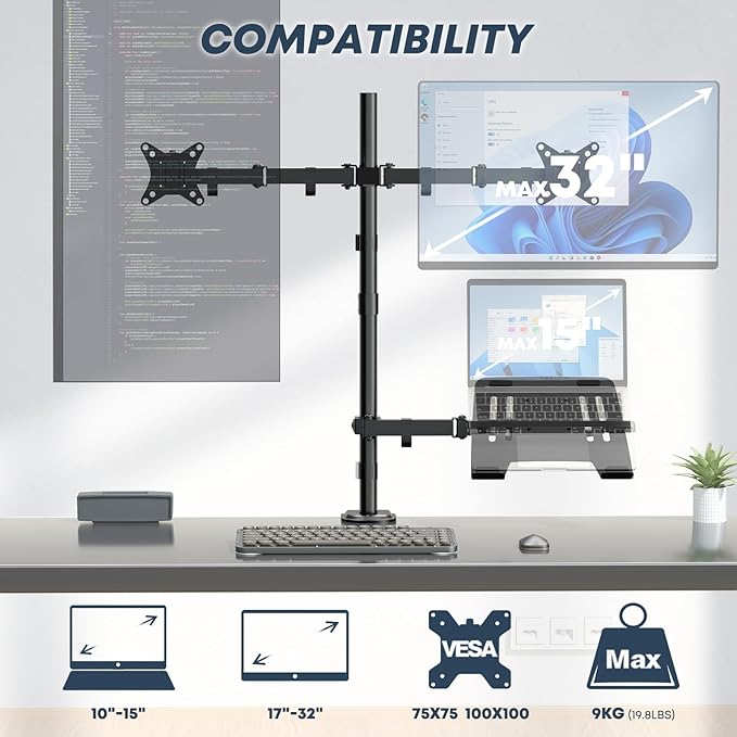 Dual Monitor Stand and Laptop Mount Fit Two 17 to 32 Inch Monitor and 10 to 17 Inch Laptop,Extra Tall Adjustable Stand,19.8 lbs Weight Capacity per Arm,Black