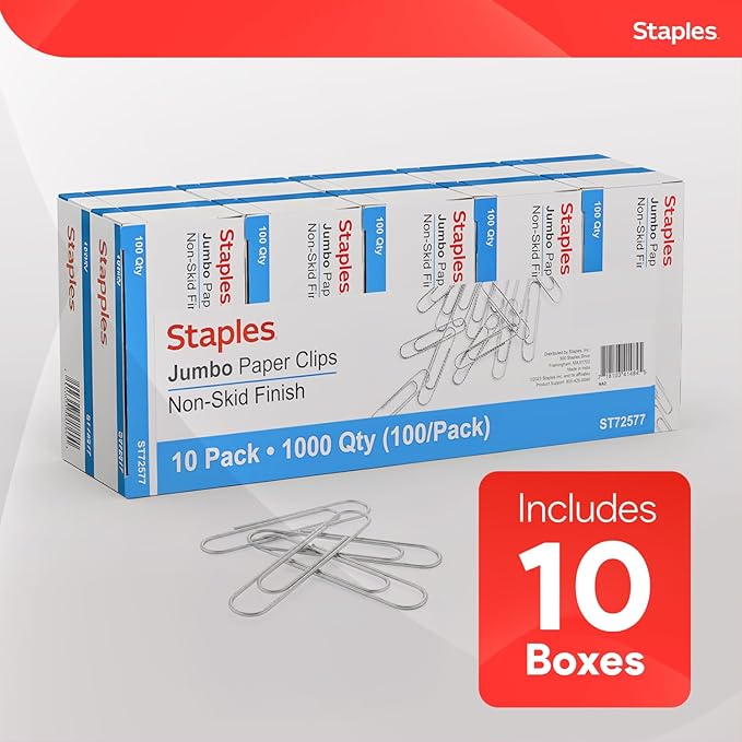 Staples Jumbo Paper Clips, Silver, Non‑Skid, 1,000 Pack – Heavy‑Duty Clips for Thick Documents & Office Filing
