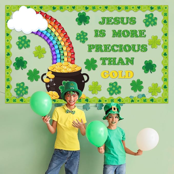 St. Patrick's Day Christian Bulletin Board Set Jesus Religious Classroom Decorations 3D Rainbow Gold Coin Paper Cutouts Shamrock Bulletin Board Borders for Church Sunday School VBS Wall Door Decor