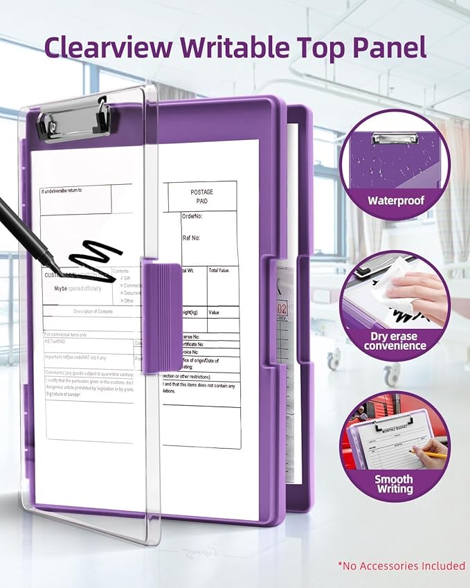 Clearview Clipboard with 2 Storage, Dry Erase 8.5x11 Heavy Duty ClipBoards - High Capacity Coaches Clip Board with Pen Holder - Side Opening Plastic Nursing Clip Case (Dark Purple)