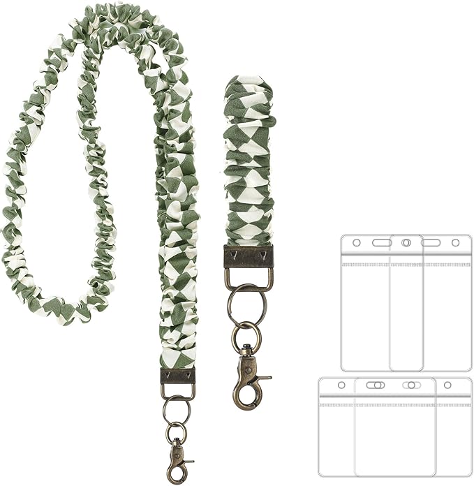 Marspark 2 Set Scrunchie Lanyards with 4 Card Holders for ID Badges and Keys Cute Stretchy Scrunchie Neck and Wrist Lanyards for Teacher Women Nurses School Office Supplies(White Green, Checked)