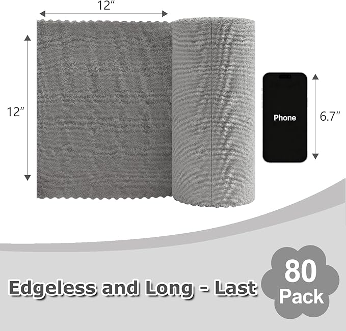 80 Pack Microfiber Cleaning Cloth Roll Grey Reusable Paper Towels 12"x12" Tear Away Cloth, Microfiber Towels for Cars, Wash Cloths, Lint Free Rags for House, Kitchen,Window,Cleaning Supplies