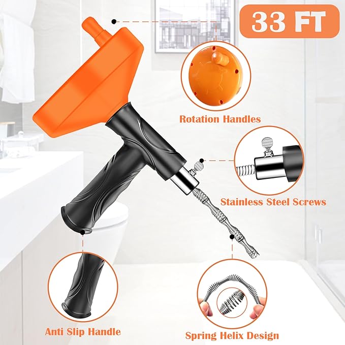 33 Feet Drain Snake Auger, Plumbing Snake Drain Hair Clog Removal Tool, Heavy Duty Toilet Snake Auger, Sink Unclogger Drain Cleaner Tool for Bathroom Kitchen Tub Shower Drain Clog Remover with Gloves