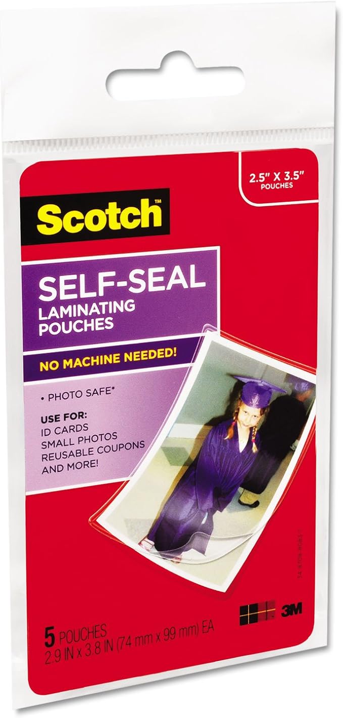 Scotch Self-Sealing Laminating Pouches, Wallet Size (Approx. 2.8″ x 3.8″ Inner) – 5 Pack, Clear Permanent Self Lamination for ID Cards & Photos