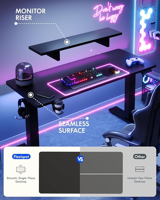 FLEXISPOT Standing Desk with Monitor Stand, 48 x 24 Inches One-Piece Electric Height Adjustable Computer Desk with Cup Holder, Home Office Desks (Black Frame+ Black Top)