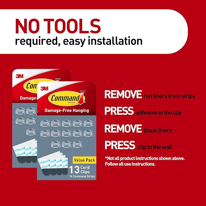 Command Round Cord Clips, Damage Free Hanging Cable, for Hanging Electrical Cables, 26 Clear Cord Clips and 32 Strips