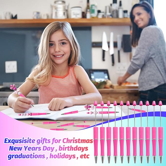 150 Pieces DIY Beadable Pen Kit – 50 Plastic Ballpoint Pens with Refills & Bags – School Supplies, Office Accessories & Decorative Items for Students & Teachers (Rose Red)