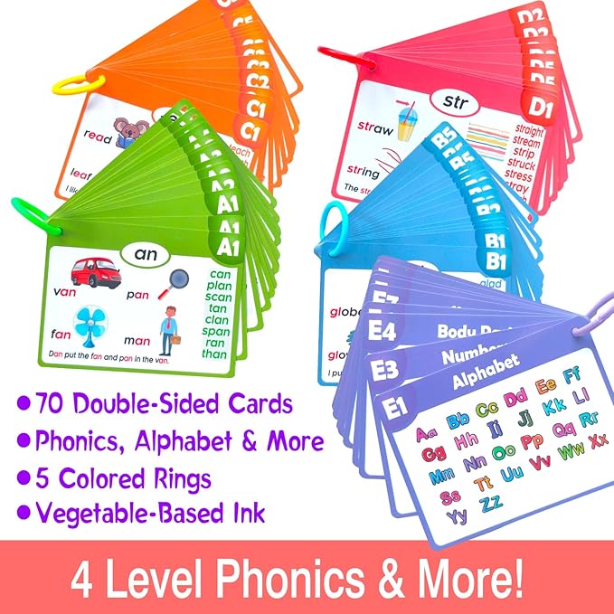 70PCS Phonics CVC Flash Cards Set 20 Phonic Stages Bonus 10 Life Skill Cards Sorting Rings Learn to Read in Blends, Long Vowels, Digraphs for PreK-3rd Grade (Alphabet, Colors, Numbers, and More)