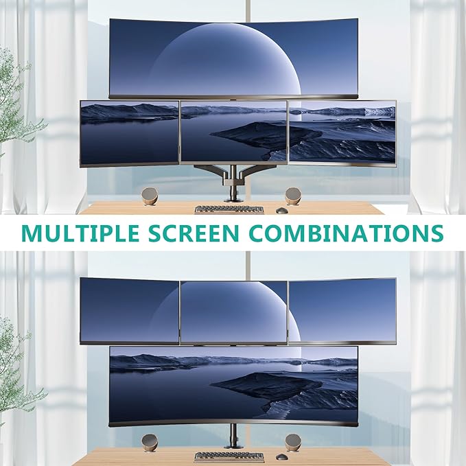 WALI 4 Monitor Mount for 13-49 inch Ultrawides on Top Bracket and 27 inch Screens on Lower Brackets, Heavy Duty Gas Spring Arm Extra Tall Quad Monitor Stand, up to 44 lbs (GSDM004S-P), Black