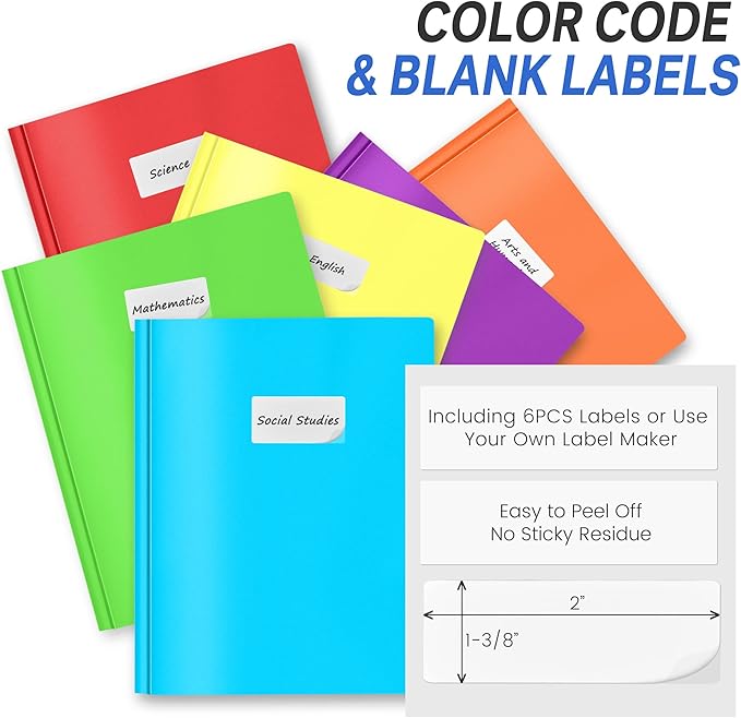 Sooez 6 Pack Pocket Folder with Prongs, Plastic Folders with Extra Pockets, Heavy Duty Two Pocket File Folders 3 Prong Folders Back to School Supplies, Letter Size A4,Bright