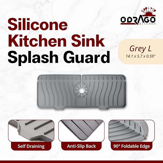 Odrago Silicone Faucet Mat (14.17"x5.70"x0.59"), Bathroom, Countertop and Kitchen Sink Splash Guard, Anti-Slip Faucet Drip Catcher Tray, 90-Degree Foldable Edge, Sloped Design for Fast Drying, Grey