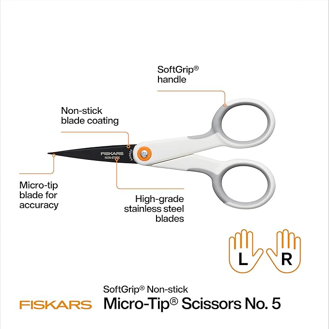 Fiskars Micro Trip Scissors, SoftGrip Precision Cutting Shears, Non-Stick Stainless Steel Blades, 5 inches