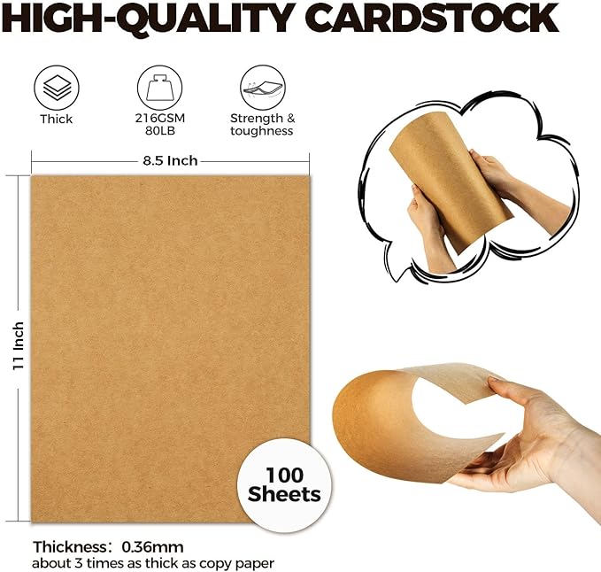 Ohuhu Brown Kraft Cardstock Thick Paper 100 Sheets - 8.5" x 11" Heavyweight 80 lb/216 gsm Card Stock for Crafts and DIY Card Making