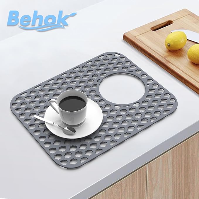 2 Pack Silicone Sink Protector for Kitchen Sink Bathroom, 13.58" x 11.6" Heat-resistant Sink Mat Non-Slip and Durable Silicone Protectors, Rear Drain, Gray