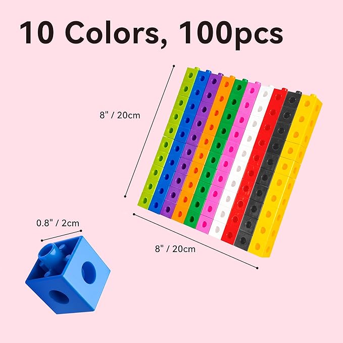 Dotimo 100PCS Math Linking Cubes, Math Cubes for Kids Ages 4-8, Counting Snap Cubes Manipulatives with 10 Colors, Preschool Learning Activities, Classroom Supplies & Homeschool (100-Cubes)