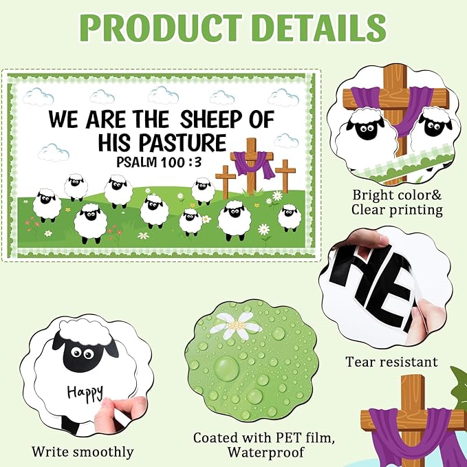 Easter Christian Bulletin Board Set VBS 2026 Religious Jesus Classroom Decoration Sheep Paper Cutouts We are The Sheep of His Pasture Bulletin Board for Sunday School Church Chalkboard Door Wall Decor