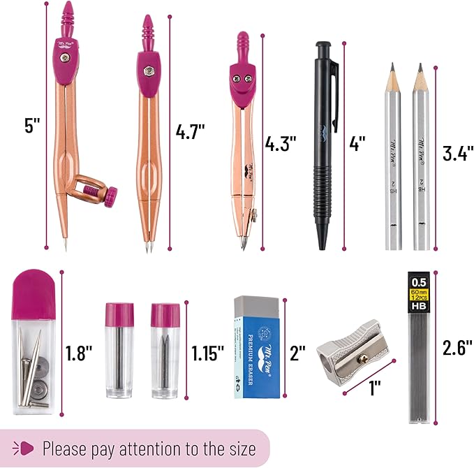 Mr. Pen- Geometry Set, 15 pcs, Rose Gold & Pink, 6 Inch Swing Arm Protractor, Divider, Set Squares, Ruler, Compasses and Protractor