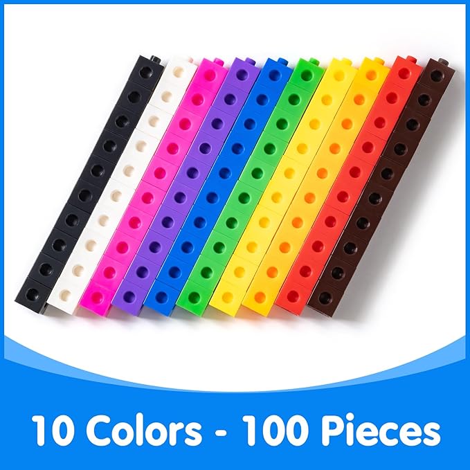 100 Pcs Math Linking Cubes with 384 Cartoon Stickers – Essential Counting Cubes for Kids Math Learning and Fun Activities