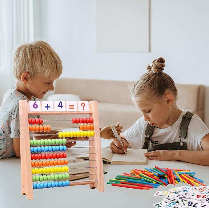 Wooden Abacus for Kids - 100 Counting Sticks and Number Toys Cards 1-100, Educational Math Games for Preschool and Elementary School 1st 2nd Grade