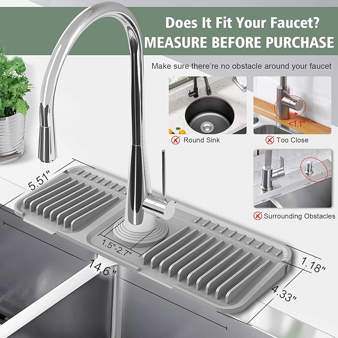 14.6-Inch Kitchen Sink Splash Guard Mat | 7° Slope for Fast Self-Draining | Snap-Lock Design | Universal & Cuttable Silicone Faucet Mat GRAY